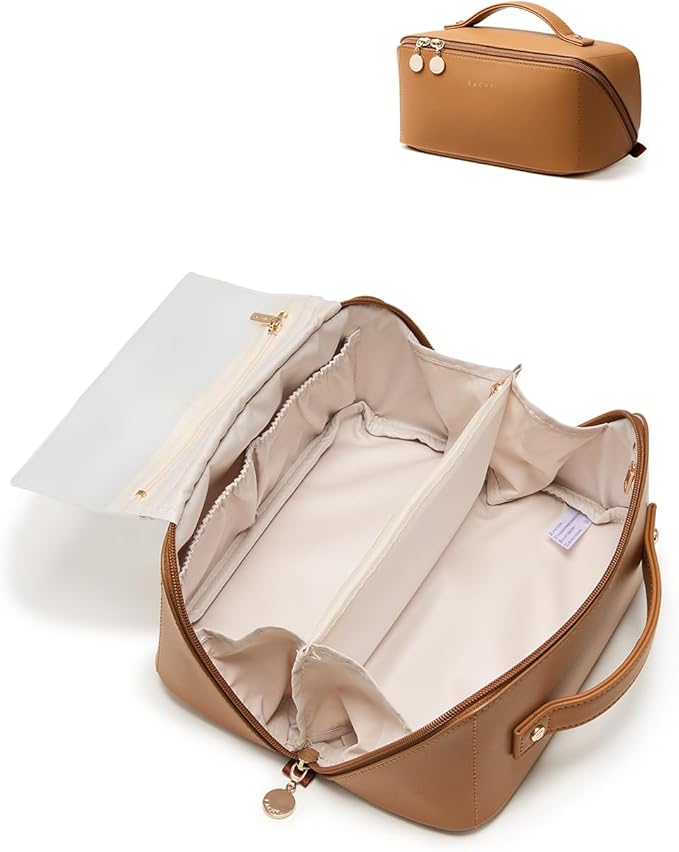EACHY Travel Makeup Bag for Women, PU Leather Cosmetic Bag, Brown, Medium | PU leather organizer opens flat with two TPU brush pockets and divided storage for makeup, skincare, toiletries and travel by EACHY