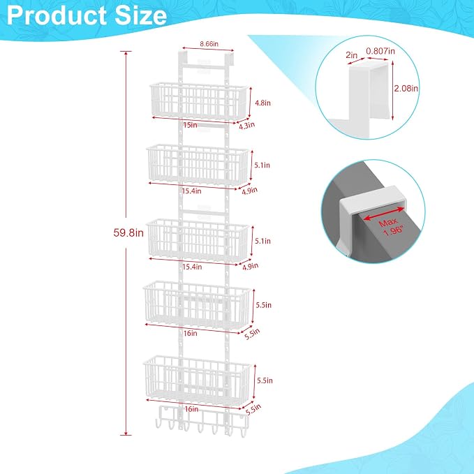 Hongtamoya Over The Door Organizer, Hanging Door Organizer with 5 Metal Baskets, Behind The Door Storage for Pantry Closet Bedroom Bathroom Cabinet Kitchen, White - Image 2
