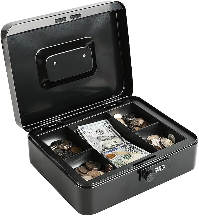 xydled Steel Cash Box Safe with Combination Lock,Money Safe Box with Removable Coin Tray,Large,9.84"x 7.87"x 3.54",Black by xydled