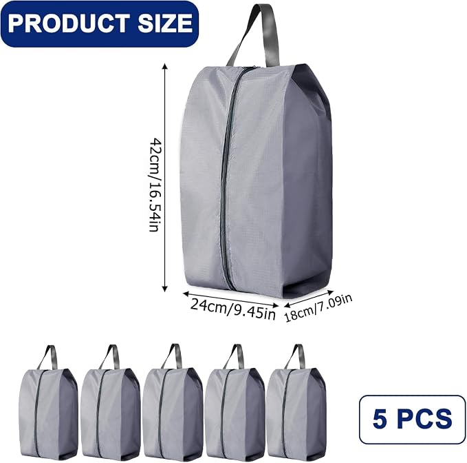 5Pcs XL Travel Shoe Bags Portable Travel Gifts Shoe Organizer with Zipper Closure, Waterproof Nylon Shoe Storage Organizer with Handle Travel Bags For Men and Women, Grey - Image 3