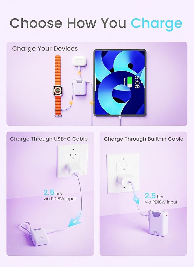 M1 Mini Portable Charger, 10000mAh Ultra-Compact Power Bank, 22.5W PD Fast Charging, Tpye-C Built-in Cable, Small External Battery Pack for iPhone, Samsung, Android iPad (Purple) - Image 4