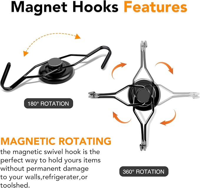 Magnetic Hooks 6 Pack 120Lbs Heavy Duty Neodymium Magnet Hook | Black Magnetic Swivel Hooks for Hanging Rust Proof Strong Magnets with Hook for Storage - Image 3