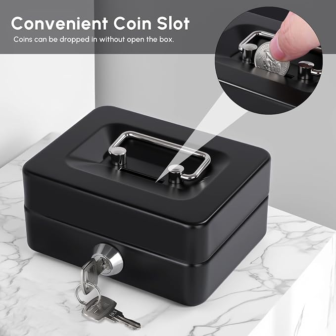Mini Cash Box with Slot Small Cash Box with Money Tray and Key Lock, Metal Lock Box for Casino Gamblers 4.9" x 3.7" x 2.4" Black - Image 5