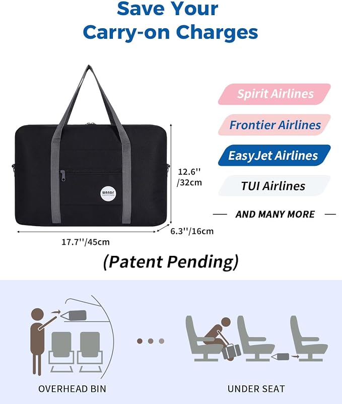 WANDF Personal Item Travel Bag, Carry On Duffle Bag Women | 18x14x8 inches, Airline Underseat Aprroved, Weekend Overnight Trips, Lightweight Packable - Image 3