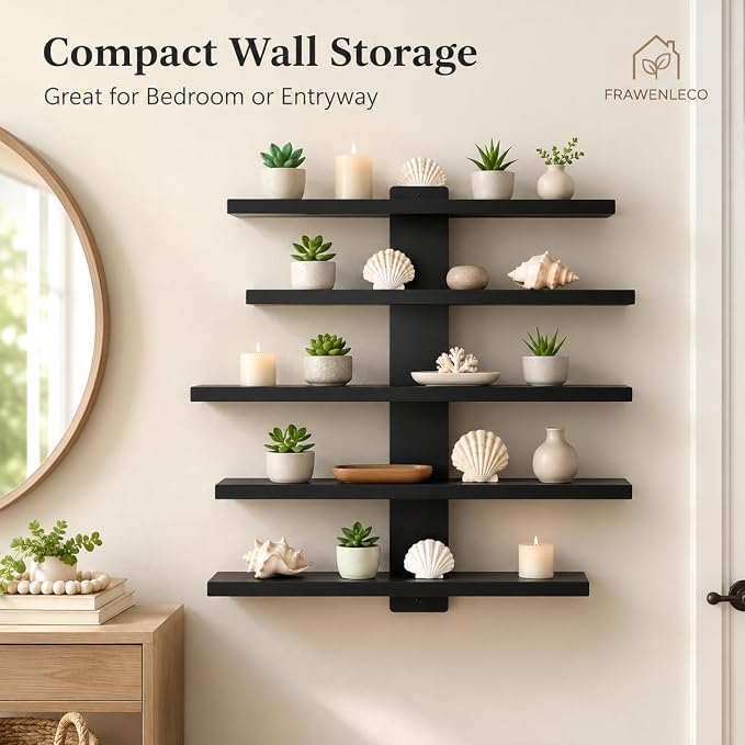 No Drill Wall Shelf, 5-Tier Black Floating Shelves with Adhesive, Damage-Free Wall Mounted Organizer for Bathroom, Kitchen, Living Room, Bedroom(Black) - Image 9