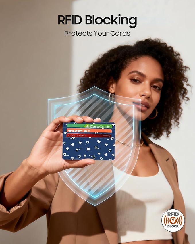 FINTIE Slim Minimalist Front Pocket Wallet RFID Blocking Credit Card Holder | Card Cases with ID Window for Men Women, navy heart - Image 3