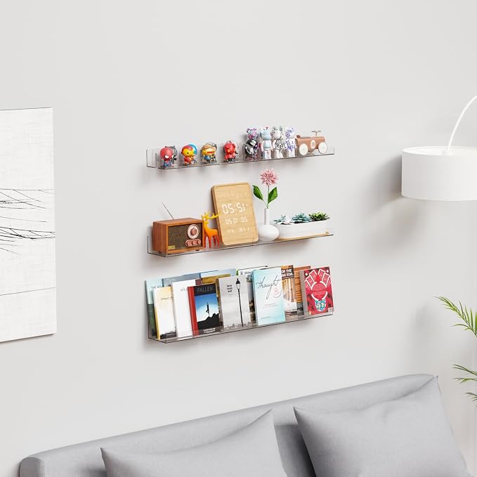 4 Pack Acrylic Shelves for Wall Storage,No Drilling Adhesive Shelves,Clear Stick On Bathroom Wall Shelf Organizers,Plastic Floating Shelves for Perfume,Funko,Lego,Skincare,Bookshelf for Kids - Image 2