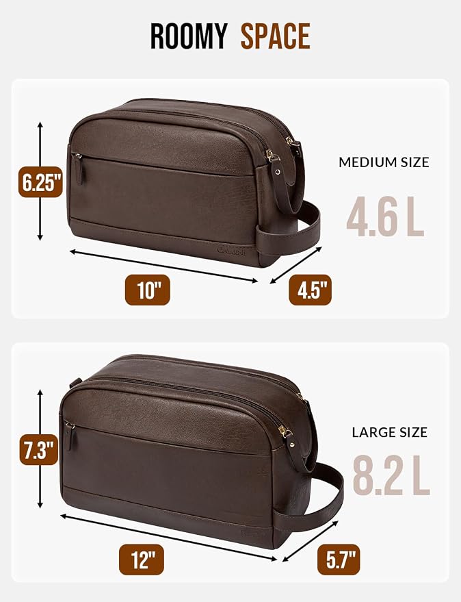 Large PU Leather Toiletry Bag for Men - Water Resistant Travel Bag for Toiletries, Bathroom Essentials, Accessories - Dark Brown - Image 2