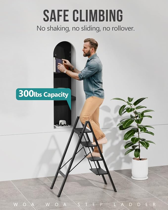 4 Step Ladder, Foldable Step Stool, 300lbs Load, Black | Folded 43''H x 2''T; Net 9.9 lbs; Rigid Aluminum Steps; No Assembly; For Home, Kitchen, Office, Pantry, Closets, Cabinets - Image 3
