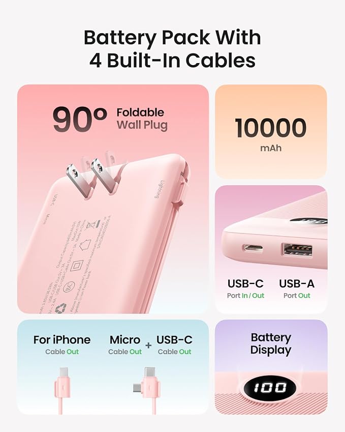 Portable Charger Built-in Cables and Wall Plug, 10000mAh Slim USB C Power Bank, LED Display External Battery Pack Compatible with iPhone/Android & More (Pink) - Image 2