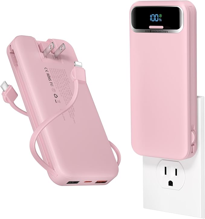 aonidi Portable Charger 12000mAh with Built-in Cables&AC Wall Plug, Pink | PD20W USB C Fast Charging,LED Display External Travel Power Bank,TSA approved Battery Pack for All iPhone,Samsung,Android by AONIDI