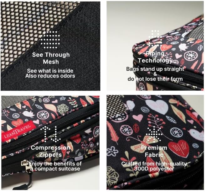 LeanTravel Premium Compression Packing Cubes for Travel - Suitcase Organizer Bags with Double Zipper & Breathable Mesh Panel - Space Saving Carry On Luggage Essentials (6-Pack, Flowers) - Image 5