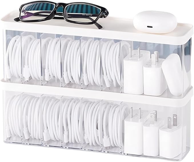 Charger Cable Cord Storage Organizer Box - Easy Storage Without Cable Ties | Stackable,with Lid,Dust-Proof,Space Saving,6 Standard Space and 1 Larger Space,for Home Office Desk Accessories Supplies by Nkocvew