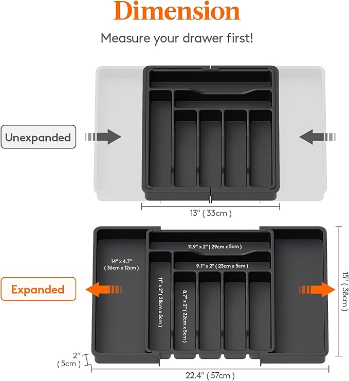 Lifewit Expandable Silverware Drawer Organizer, Kitchen Utensil Tray | BPA-free Plastic Flatware Cutlery Holder, Space-Saving Storage for Spoons Forks Knives, 13-22.4 x 15“, Black - Image 3