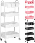 White 4 Tier Rolling Cart Metal with Wheels,Heavy Duty Utility Storage Cart | Four Tiered Roller Shelf Carts Organizer on Wheels for Kitchen, Book, Snack, Craft, Art, Dorm,Large Capacity Basket,38in Tall by Recximi
