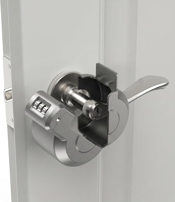 Keyed Door Handle Lockout Device Cover with Code to Disable Access to Keyhole Combination Lock for Bedroom from Outside Only Fits Handle Lock with Long Connecting Shaft (1, Silver) by PUGED