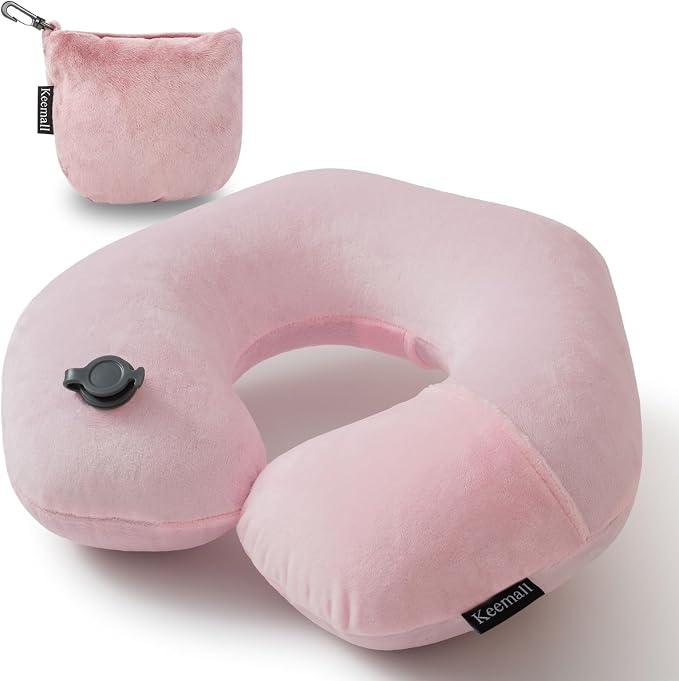 Keemall Inflatable Travel Neck Pillow for Airplane to Relieve Neck Pain | U-Shaped with Soft Washable Cover,Ergonomic Cervical Support for Flights, Car, Home, Camping&Office Naps, Gift for Women,Pink by Keemall