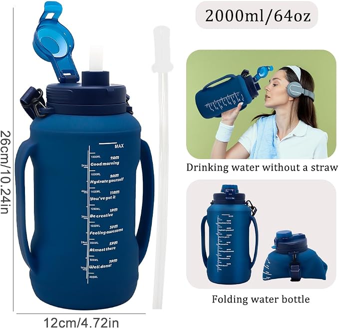 64oz Foldable Water Kettle - Straw & Motivational Time Marker, Half Gallon Silicone Reusable Bottle for Airport Travel, Outdoor Adventures & Home/Office (Blue) - Image 3