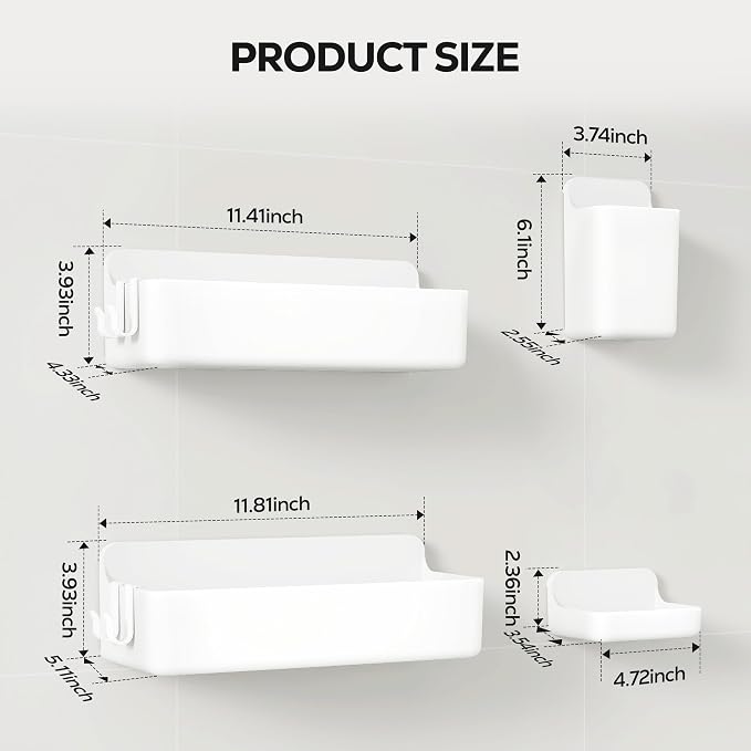 Nieifi Adhesive Shower Shelves, White, 4 Pieces | Rustproof ABS, Large Capacity, Removable Design, Easy-Clean, No Drilling Shower Organizer for Bathroom Storage & Home Decor - Image 2