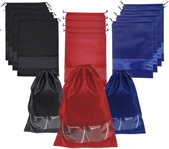12 PCs Shoe Bags for Travel, Packing, Storage, Organizing & Suitcase. Reusable Dustproof & Water Resistant Sneakers Pouch Protectors with Clear Window & Drawstring. Laundry & Toys (Red + Blue + Black) by SPLANDIN