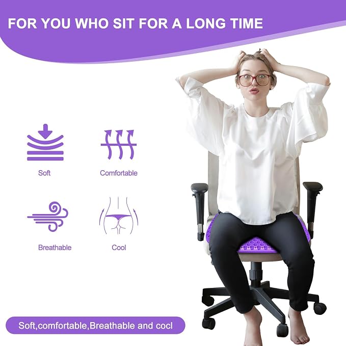 Gel Seat Cushion for Long Sitting Seat Pad For Car Office Chair Wheelchair | Cool & Breathable & Comfortable,Purple Gel Seat Cushion For Car,Chair,Car Seat Cushion Gel Seat Pad For Hip Pain - Image 6