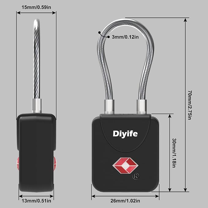 Diyife Luggage Locks with Key, TSA Approved Luggage Locks, Suitcase Locks | Small TSA Travel Lock with Zinc Alloy Steel Cable Ideal for Backpacks, Bags, Toolbox, Case, 2 Pack Black - Image 4
