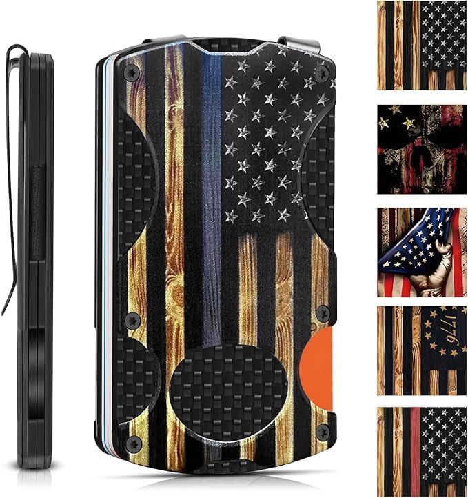Wood Grain Blue Line American Flag Minimalist Wallet for Men | Slim RFID Aluminum Metal Wallet, Scratch Resistant & Seamless, Credit Card Holder & Money Clip, Gift for Police Officer by Unknown
