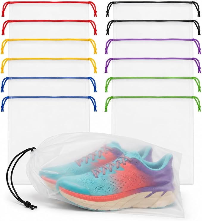Shoe Bags for Travel, 12 Pack Clear Drawstring Organizers, Waterproof PE Plastic Pouches for Packing Shoes, Toiletries, Cosmetics, Gym Clothes, Wet Swimsuits by DotDot