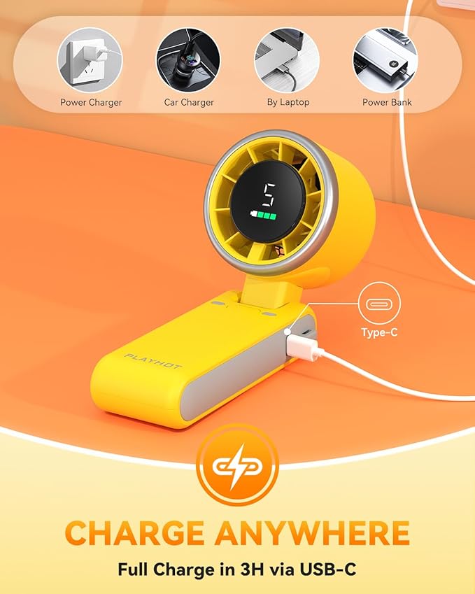 PlayHot Portable Handheld Turbo Fan, Travel Essentials, Gifts for Women/Men | 5-Speed, Up to 12H, 10m/s Airflow, USB-C Rechargeable, LED Display, 3-in-1 Foldable Personal Fan for Cruise, Beach, Vacation - Image 5