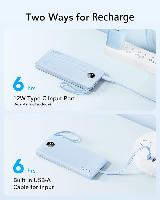 VRURC Portable Charger for iPhone, Built in 4 Cables Power Bank 10000mAh | Compact USB C Charging Bank 5 Outputs for Multi Devices,Travel Essential for Hiking Camping Business Cruise Ship-Blue - Image 9