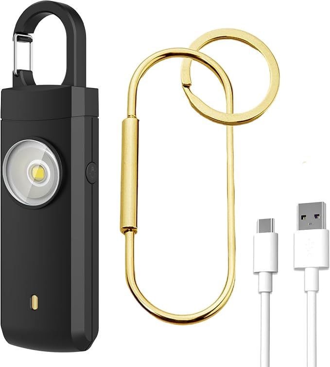 Personal Safety Alarm,Rechargeable with Keychain and LED Strobe Light,Black | USB C/Micro USB/L Easy Use and Portable, Compatible with iPhone 17/16/15/14/13/12/11/X/XR/XS/8/Android/Tablet (3.28FT) by Gartmost