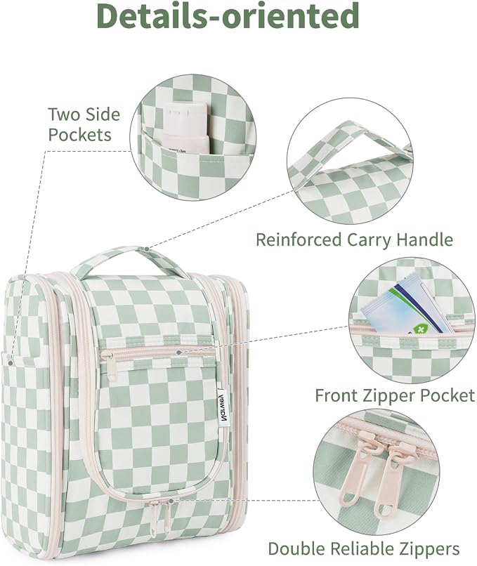 Narwey Hanging Travel Toiletry Bag for Women, Travel Bag for Toiletries, Checkered Makeup Bag Organizer, Cosmetic Make Up Bags for Travel Size Essentials, Skincare, Brushes (Mint Green Checkerboard) - Image 6