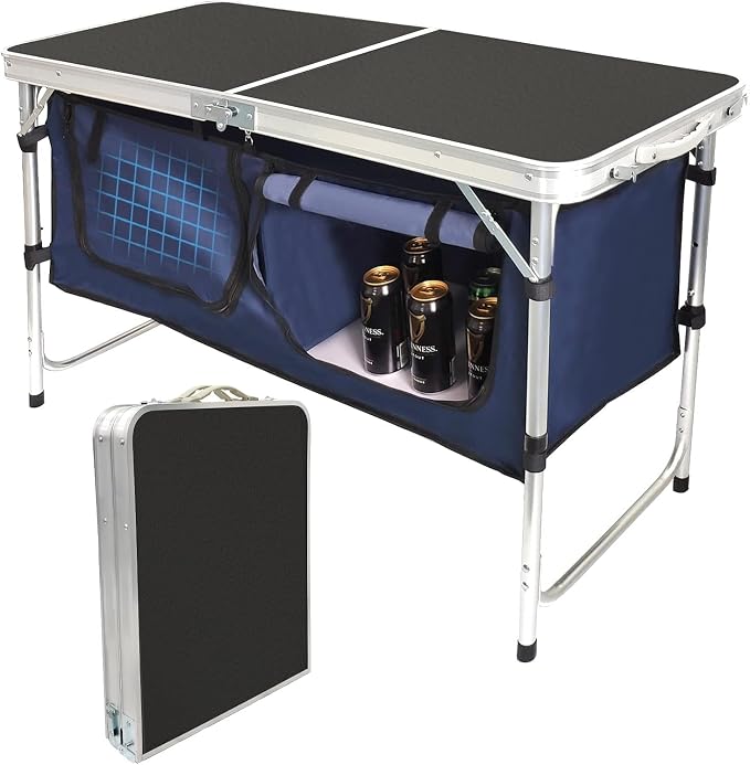 Folding Camping Table with Storage Compartment Aluminum Lightweight Camp Kitchen Table Height Adjustable Indoor/Outdoor Table Perfect for Tailgating, Backyards, BBQ,Picnic, Black by HYMnature