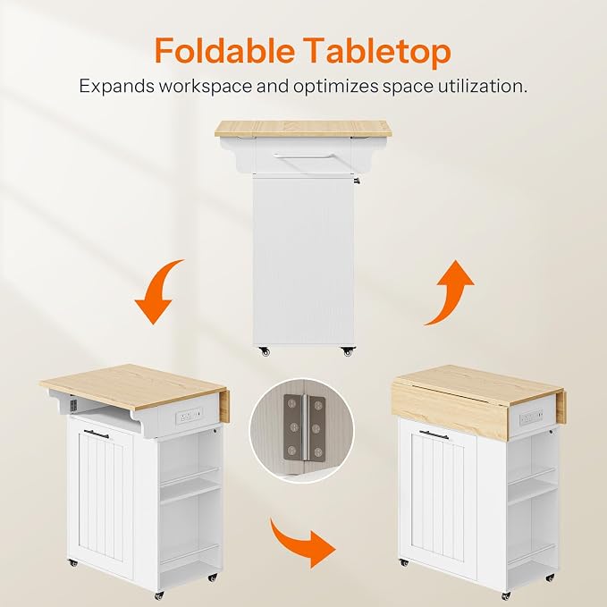 HOOBRO Kitchen Island with Trash Can Storage, Rolling Kitchen Island with Drop Leaf Countertop, Island Table with Power Outlet & Spice Rack, for 10 Gallon Garbage Bin, White and Natural WN33UZD01 - Image 5
