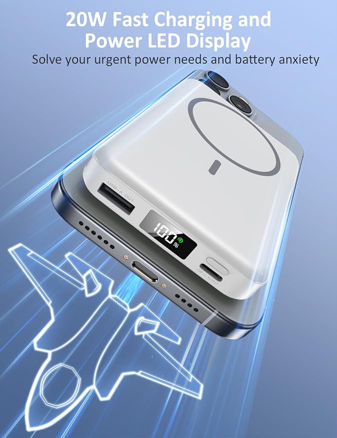 Magnetic Portable Charger 10000mAh, 20W Power Bank with Built in Cable | 20W Fast Charging for Magsafe Battery Pack with LED Display, Travel Essential for iPhone 17/16/15/14/13/12 Pro/Pro Max-White - Image 4