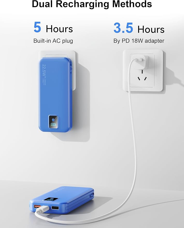 Portable Charger 12000mAh 22.5W w/Built-in Cable & Wall Plug Navy | 22.5W fast charging, LED display, Charging 5 devices at once, Pass through charging, TSA approved, Compatible with iPhone - Image 8