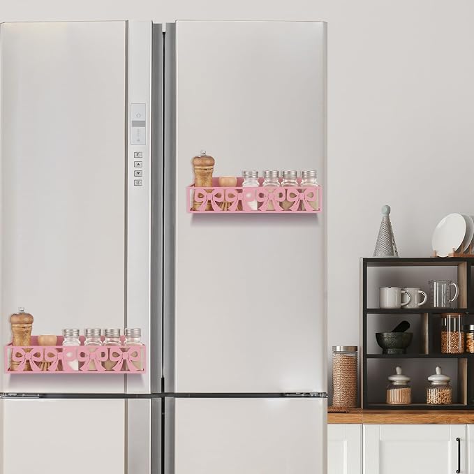 Beeveer 2 Pcs Magnetic Spice Rack for Refrigerator, Pink Bow | Magnetic, No Drilling, Pink Bow Kitchen Decor, Pink Home Accessories, 2 Sizes Metal Storage Shelf for Fridge Spices - Image 7