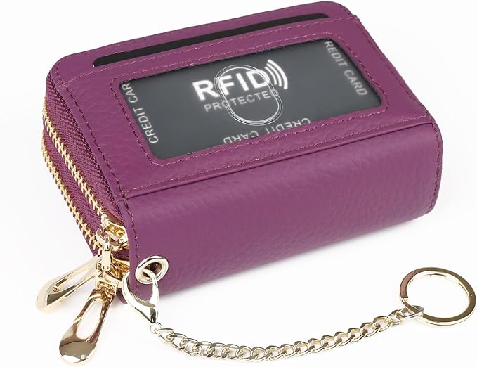 imeetu RFID Credit Card Holder, Small Card Wallet Women, Leather Card Case | Genuine Leather Women's Card & id Cases, Change Coin Purse with Zipper Keychain id Window, 20 Colors & 3 Styles, Daily, Gifts - Image 2