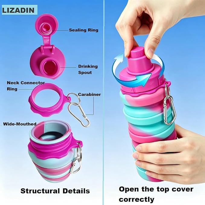 Collapsible Water Bottles 2Pack,17OZ Silicone Bottle (Black+Blue) | 500ml Reusable silicone Collapsible Water Bottles for Traveling with Carabiner,Leak-Proof ,BFA -Free ,Sport Camping Hiking - Image 3