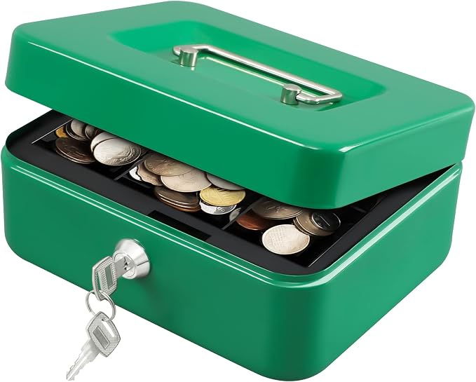 KYODOLED Medium Cash Box with Money Tray,Small Safe Lock Box with Key,Cash Drawer,7.87"x 6.30"x 3.54" Green Medium by KYODOLED