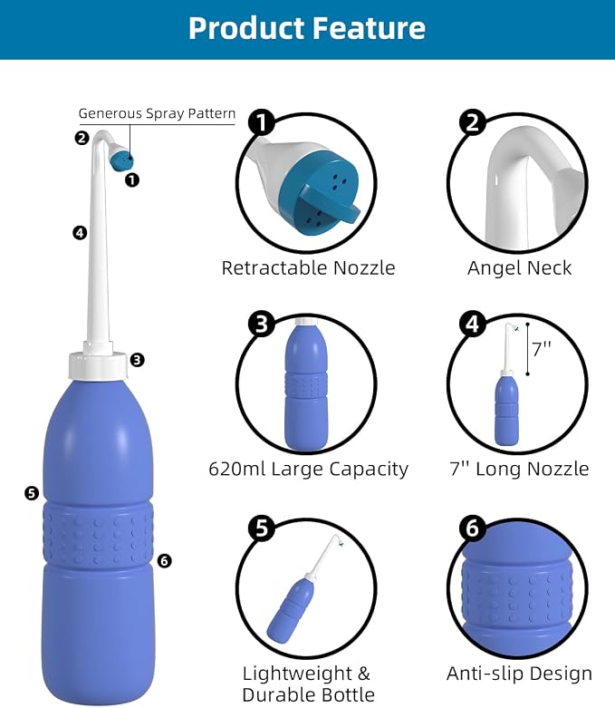 Hibbent 2 Pack 620ml Portable Bidet Sprayer for Women or Men, Handheld Travel Bidet for Personal Hygiene, Jet Spray Bottle for Toilet & Bathroom, Peri Bottle for Postpartum Care, Travel Bag, Purple - Image 3
