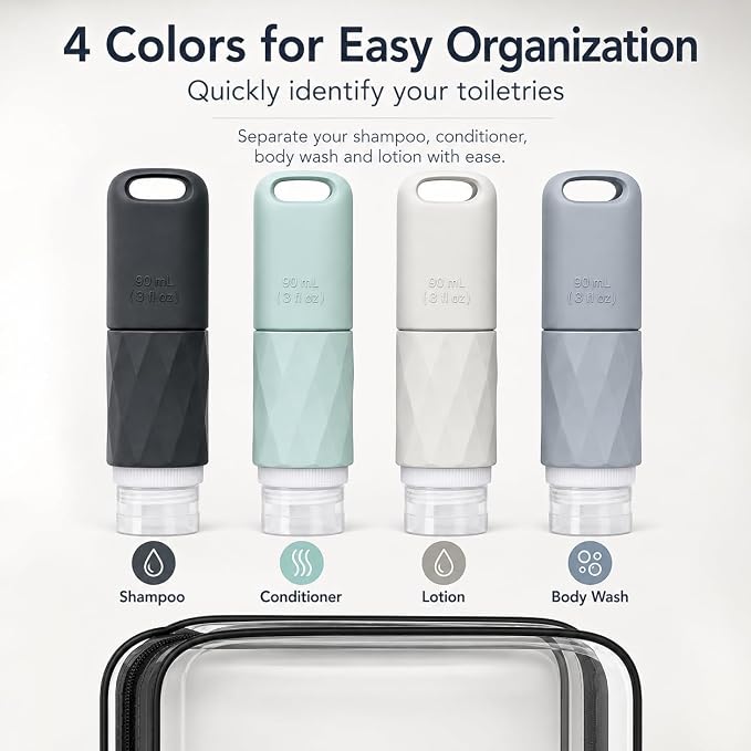 Travel Bottles for Toiletries, TSA Approved 3oz Leak Proof Silicone Travel Size Containers with Cross-Valve Cap, Refillable Bottles with Labels & Clear Bag for Shampoo, Body Wash (4 Pack-Grey) - Image 8