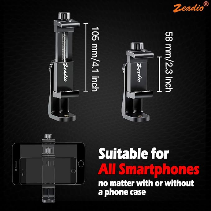 Zeadio Tripod Smartphone Mount, Cell Phone Holder Adapter, Selfie Stick Monopod Adjustable Clamp, Vertical and Horizontal Swivel Bracket, Fits for iPhone, Samsung, Huawei and All Phones - Image 2