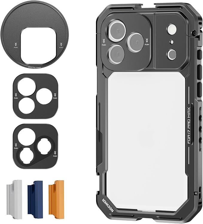 NEEWER Phone Cage Compatible with iPhone 17 Pro Max, Quick Release Video Rig Stabilizer Accessories with 67mm Filter Ring, 17mm Lens Backplate, T Mount Adapter, 4X Camera Control Cap, PA144 (Black) by Neewer