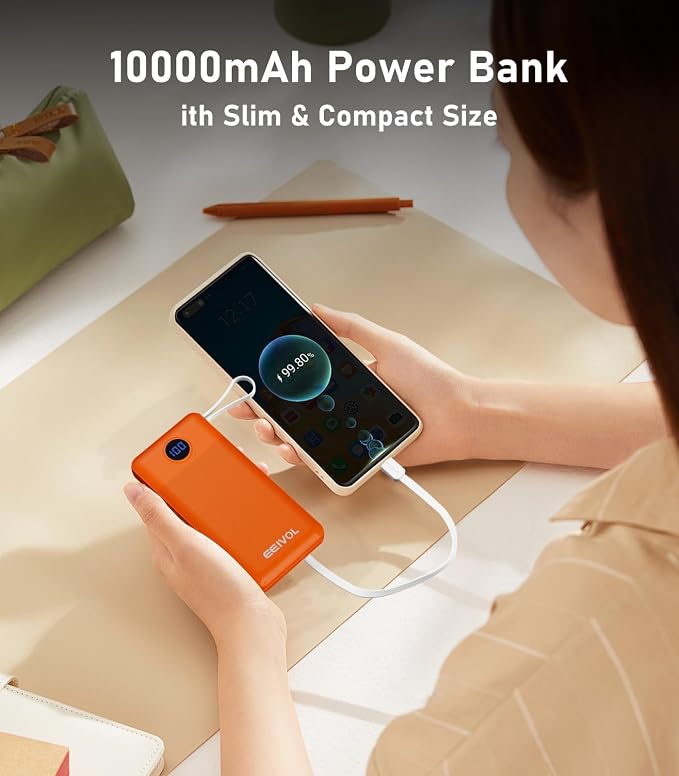 Portable Charger with Built in Cables, Slim 10000mAh Power Bank, USB C Battery Pack Travel, 4 Output 2 Input External Charging Bank for iPhone 17/16/15/14/13,Samsung, Android, etc-Orange(1 Pack) - Image 6
