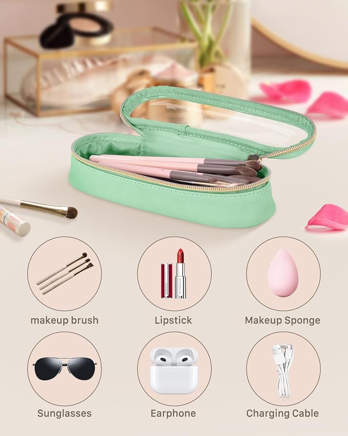 Soimeat Clear Travel Makeup Brush Holder, Leather Makeup Brush Toiletry Bag, Portable Cosmetic Brush Case, Transparent Waterproof Makeup Brush Storage Bag, Mint Green - Image 2