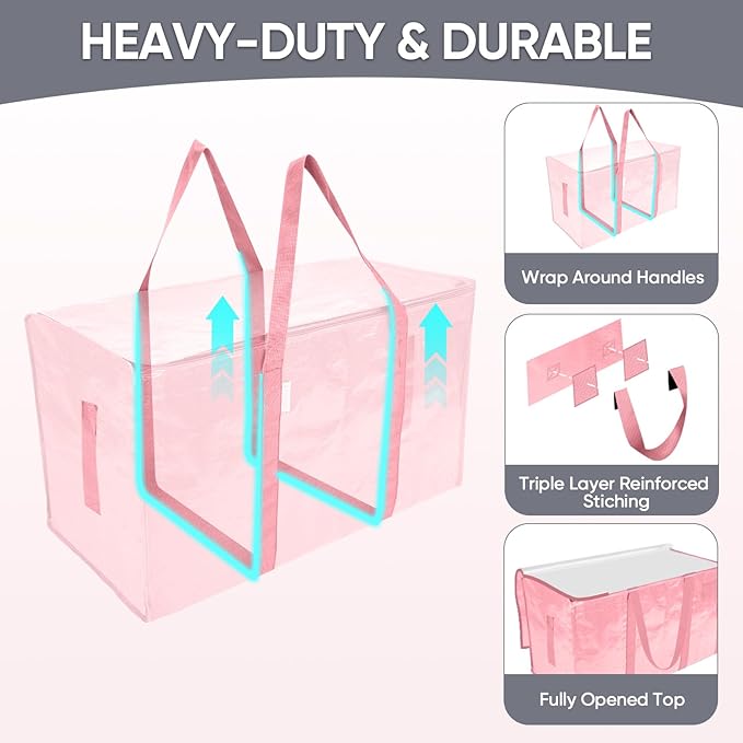 TICONN 6 Pack Extra Large Moving Bags Heavy Duty with Zippers & Carrying Handles, Durable Storage Bags Moving Boxes for Closet Organizers and Storage (6 Pack, Coral) - Image 3