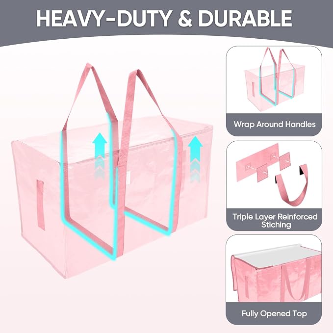 TICONN 4 Pack Extra Large Moving Bags Heavy Duty with Zippers & Carrying Handles, Durable Storage Bags Moving Boxes for Closet Organizers and Storage (4 Pack, Coral) - Image 3