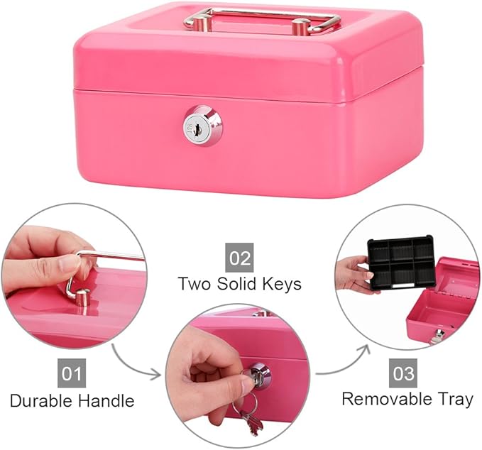 Decaller Small Cash Box with Key Lock, Double Layer Metal Money Box for Home Security, Portable Locking Box, 5.9" x 4.7" x 3.2", Pink - Image 4