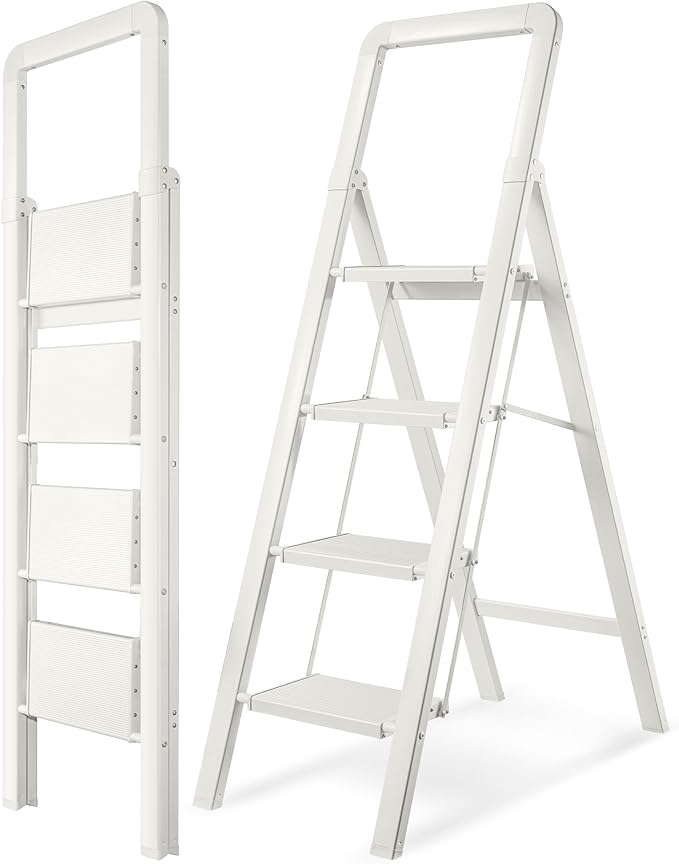 Step Ladder 4-Step White Finish Aluminum Folding Ladders | Anti-slip Sturdy Foldable Ladder Step Stool for Kitchen Home Office Libaray by BIBKOKE